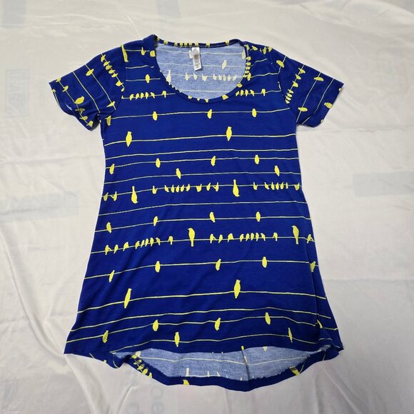 LuLaRoe Pullover shirt XXS Blue and gold birds on a wire Pre-owned - Picture 1 of 9